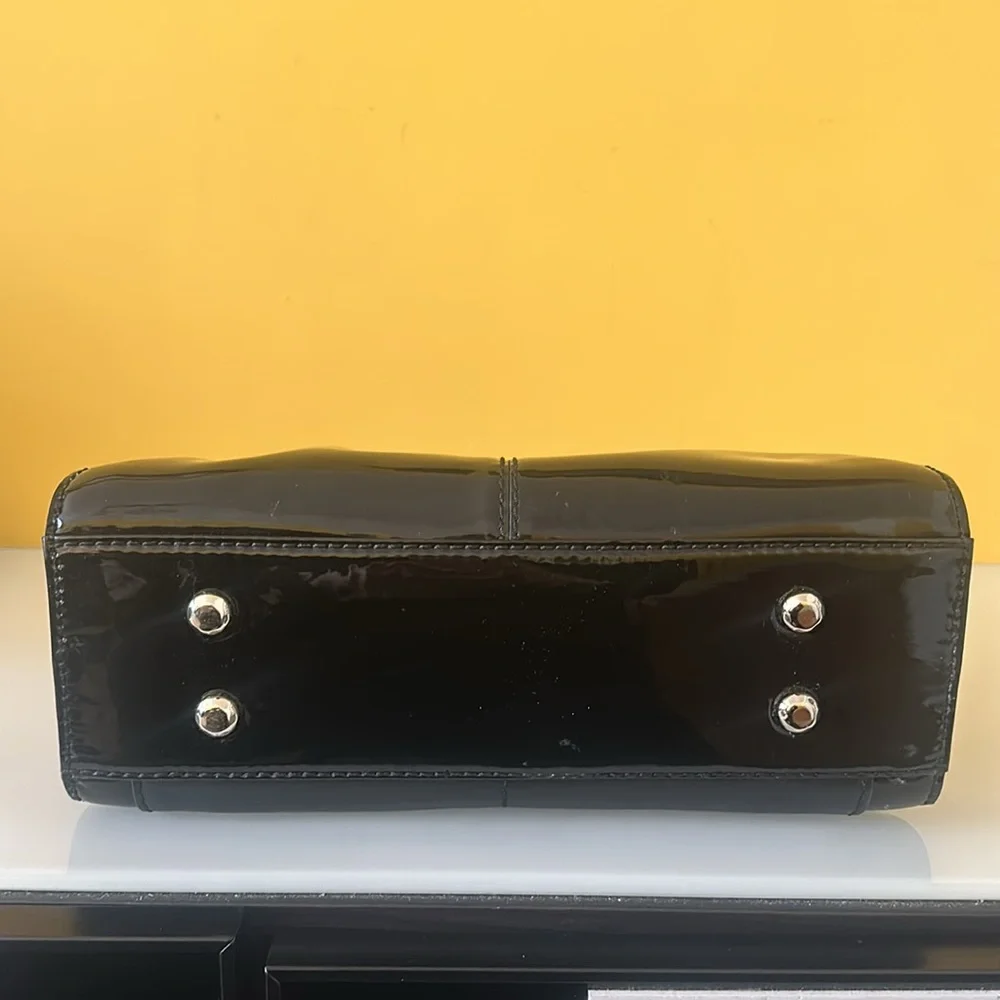 Karen Millen Black Patent Leather Structured Satchel Double Handle Tote Bag